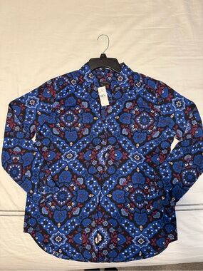 Ann Taylor Blue Floral Button-Up Top with Pinkish Accents, Size M
